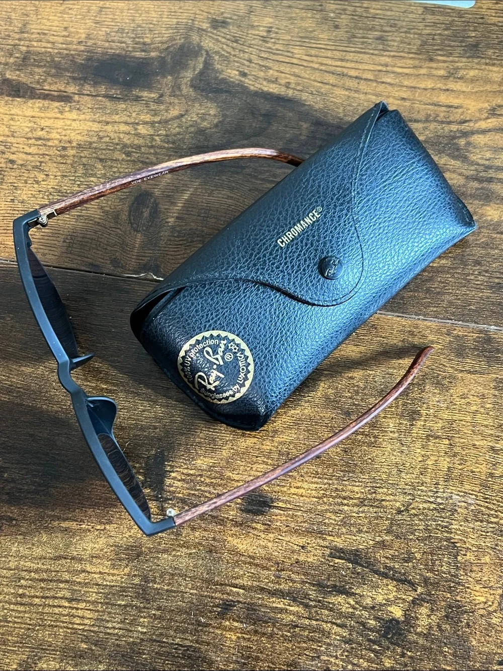 Ray-Ban Black Frame Sunglasses with Brown Lenses and Wood-Effect Temples
